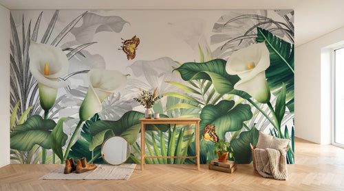 Design SL0662 — Papier peint Calla blanches feuillage tropical papillons — Novomur