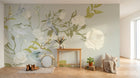 Design SL0663 — Papier peint Roses blanches branches oiseaux gris vert — Novomur