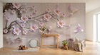 Design SL0672 — Papier peint Cerisier rose oiseaux dores relief beige — Novomur