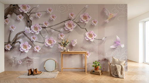 Design SL0672 — Papier peint Cerisier rose oiseaux dores relief beige — Novomur