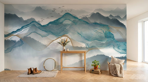 Design SL0715 — Papier peint Montagnes encre bleu lignes dorees fluides — Novomur