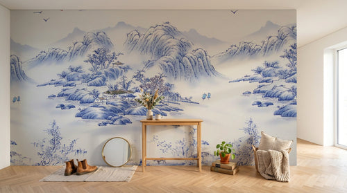 Design SL0725 — Papier peint Paysage porcelaine bleu blanc montagnes — Novomur