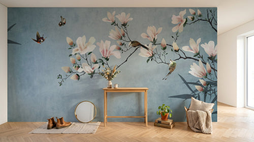 Design SL0791 — Papier peint Magnolias roses oiseaux bambou bleu pastel — Novomur