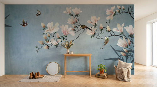 Design SL0791 — Papier peint Magnolias roses oiseaux bambou bleu pastel — Novomur