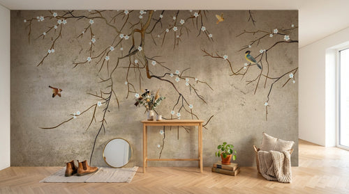 Design SL0801 — Papier peint Branches blanches oiseaux colores fond beige — Novomur