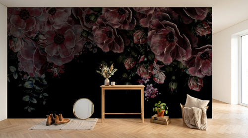 Design SL0809 — Papier peint Coquelicots rouges fond noir romantique sombre — Novomur