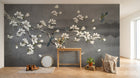 Design SL0812 — Papier peint Magnolias blancs oiseaux bleus fond gris fonce — Novomur