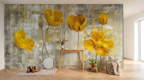 Design ZX0079 — Papier peint Coquelicots jaunes huile fond gris grunge — Novomur