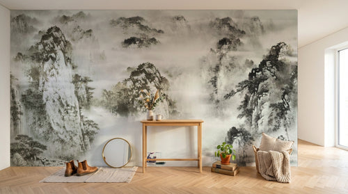 Design ZX0088 — Papier peint Paysage encre karstique barque montagnes — Novomur
