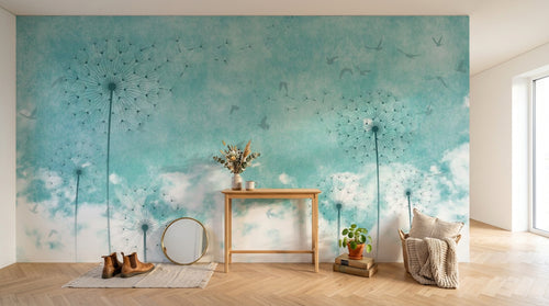 Design ZX0122 — Papier peint Pissenlits noirs ciel turquoise nuages — Novomur