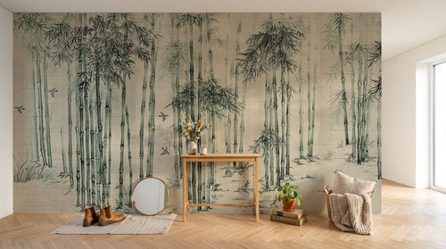 Design ZX0147 — Papier peint Foret bambous oiseaux fond beige chinois — Novomur