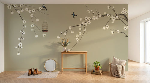 Design ZX0198 — Papier peint Branches fleuries oiseaux cage chinoiserie — Novomur