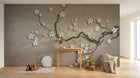 Design ZX0251 — Papier peint Branche fleurs blanches relief beige — Novomur