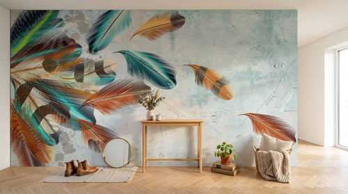 Design ZX0341 — Papier peint Plumes colorees mouvement turquoise — Novomur