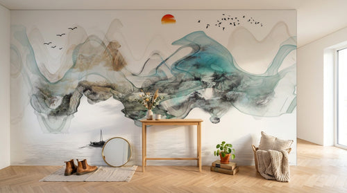 Design ZX0344 — Papier peint Paysage abstrait montagnes soleil barque — Novomur