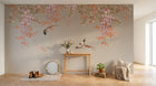 Design ZX0471 — Papier peint Glycine cascade rose oiseaux beige — Novomur
