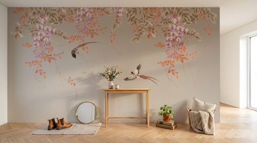 Design ZX0471 — Papier peint Glycine cascade rose oiseaux beige — Novomur