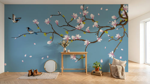Design ZX0473 — Papier peint Magnolias roses oiseaux bleu chinoiserie — Novomur