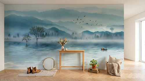 Design ZX0481 — Papier peint Paysage encre bleue lac arbres brumeux — Novomur