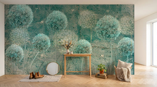 Design ZX0498 — Papier peint Pissenlits turquoise grunge texture — Novomur