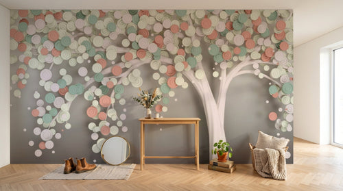 Design ZX0509 — Papier peint Arbre petites fleurs roses 3D fond gris — Novomur
