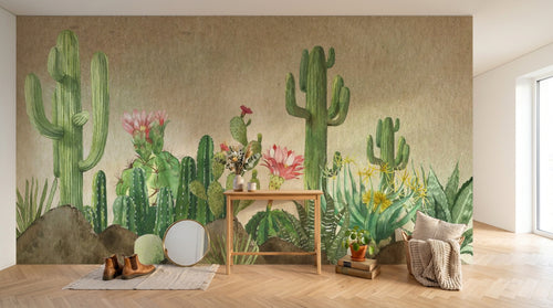 Design ZX0531 — Papier peint Cactus fleurs roses dunes desertiques — Novomur