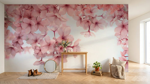 Design ZX0547 — Papier peint Cerisier rose dense fond bleu chinoiserie — Novomur