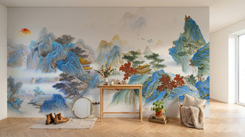Design ZX0551 — Papier peint Paysage chinois pagode montagnes karstiques — Novomur