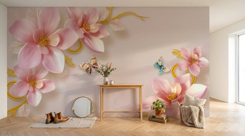 Design ZX0555 — Papier peint Magnolias roses ornements dores luxe — Novomur
