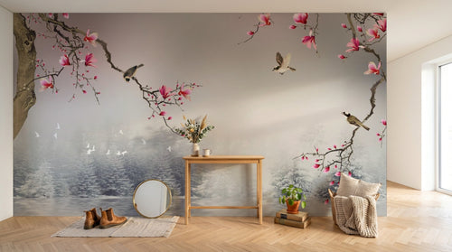 Design ZX0560 — Papier peint Magnolia oiseaux foret lac chinois — Novomur