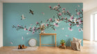 Design ZX0580 — Papier peint Magnolia rose oiseaux fond turquoise — Novomur