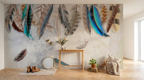 Design ZX0587 — Papier peint Plumes colorees aquarelle beige — Novomur
