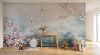 Design ZX0596 — Papier peint Magnolia rose oiseaux fond bleu brume — Novomur