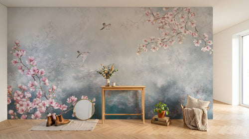 Design ZX0596 — Papier peint Magnolia rose oiseaux fond bleu brume — Novomur