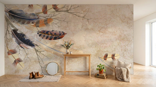 Design ZX0653 — Papier peint Plumes branches grunge fond beige — Novomur
