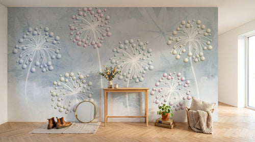 Design ZX0657 — Papier peint Pissenlits boules pastel fond bleu — Novomur