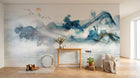 Design ZX0658 — Papier peint Paysage encre fluide bleu soleil orange — Novomur