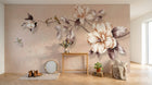 Design ZX0696 — Papier peint Branche fleurs blanches oiseaux beige — Novomur