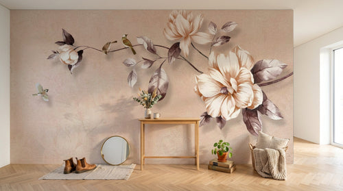 Design ZX0696 — Papier peint Branche fleurs blanches oiseaux beige — Novomur
