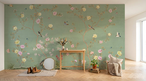Design ZX0767 — Papier peint Chinoiserie branches fleurs oiseaux fond sauge — Novomur