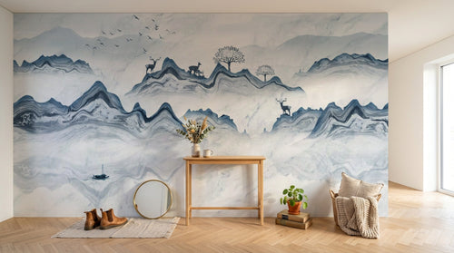 Design ZX0768 — Papier peint Paysage encre montagne cerfs barque — Novomur