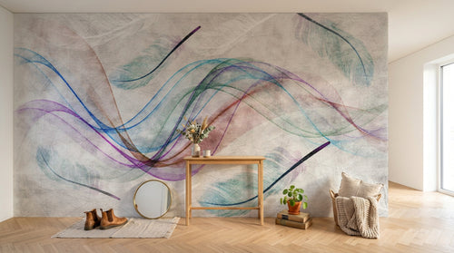 Design ZX0776 — Papier peint Plumes vagues multicolores beige aerien — Novomur