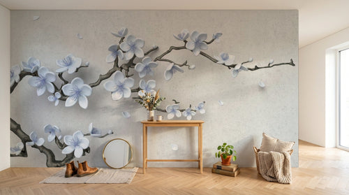 Design ZX0795 — Papier peint Cerisier blanc bleu 3D relief beige — Novomur