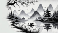 Échantillon, Design A0040, Papier peint panoramique Asie Encre Noire Pagode - Sur mesure