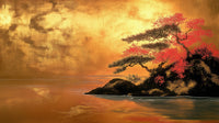 Échantillon, Design A0418, Papier peint panoramique Cerisier Rouge Encre Asiatique - Sur mesure