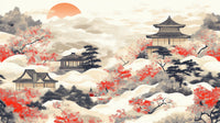 Échantillon, Design A0577, Papier peint panoramique Asie Encre Noire Pagode - Sur mesure