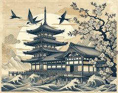 Papier peint panoramique Mont Fuji et Hokusai - Sur mesure