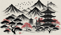 Échantillon, Design A0938, Papier peint panoramique Asie Encre Noire Pagode - Sur mesure