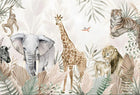 Design B009 — Papier peint Safari pastel rose et sauge animaux varies — Novomur