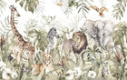 Design B024 — Papier peint Safari aquarelle vert sauge animaux multiples — Novomur